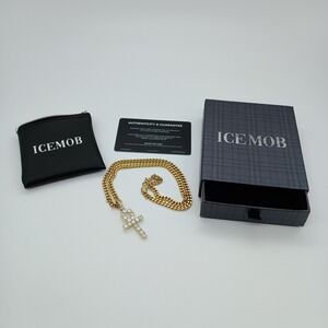 Ice Mob Gold-Tone Cuban Link Chain 20 Inch Iced Out Ankh Cross Pendant Necklace